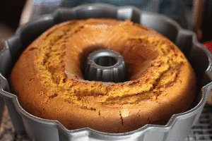Solid-pack pumpkin acts as a natural colorant in pumpkin spiced cake.