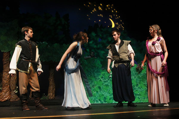 Then-seniors Brayton Young, Drew Smith, junior Allison Mackey and then-sophomore Olivia Phillips run through A Midsummer Nights Dream on Thursday, May 3, 2012. A Midsummer Nights Dream will be this years spring play after director Jon Copeland previously directed it at the school four years ago.