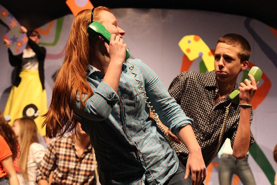 Senior Katie Linsey and sophomore Brad Guthrie practice the Telephone Hour act on Wednesday Nov. 6, in preparation for the first show on Sunday Nov. 10. 