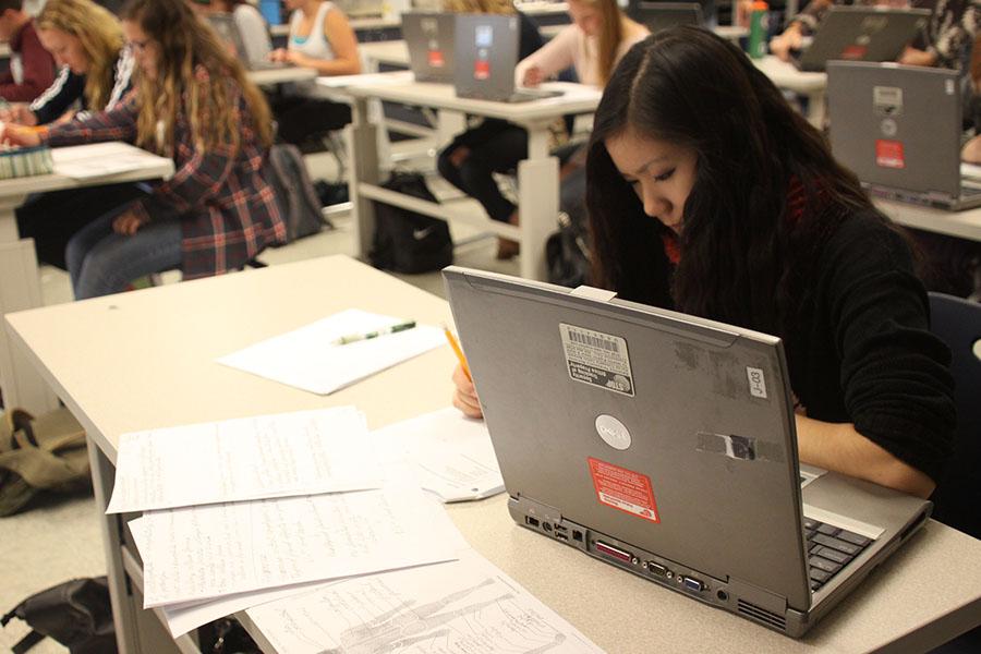 Sophomore Karla Kim experiences difficulty finishing her Human Anatomy and Physiology test on Thursday, Oct. 31.  We didnt get to finish the test because the computers were slow, Kim said.  If they were better, we could probably get more work done.