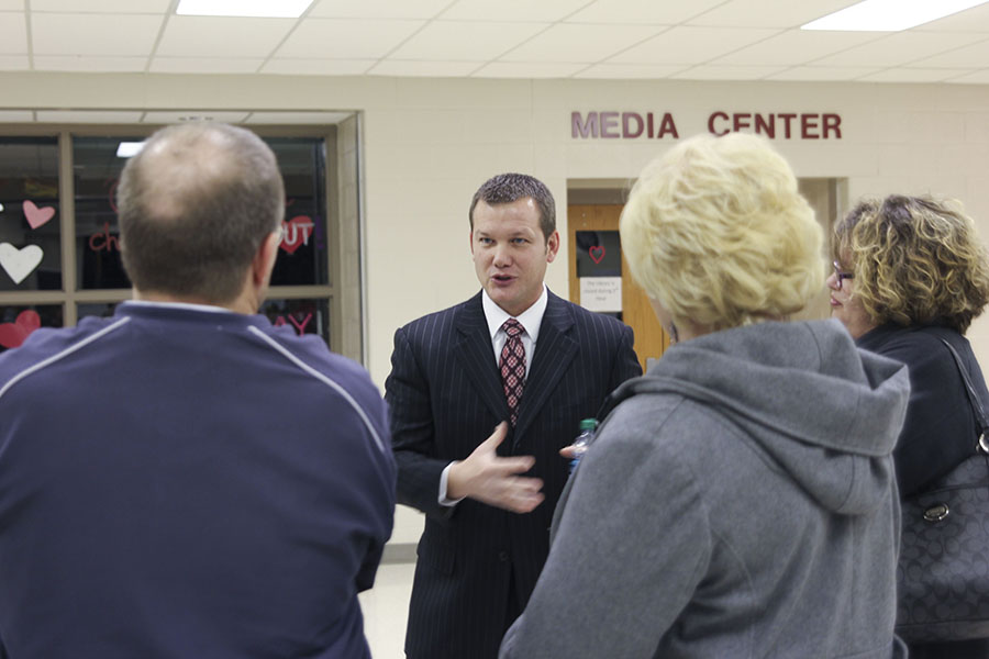 Superintendent Dr. Doug Sumner discusses different boundary options with patrons at one of two public forums on Wednesday, Jan. 22