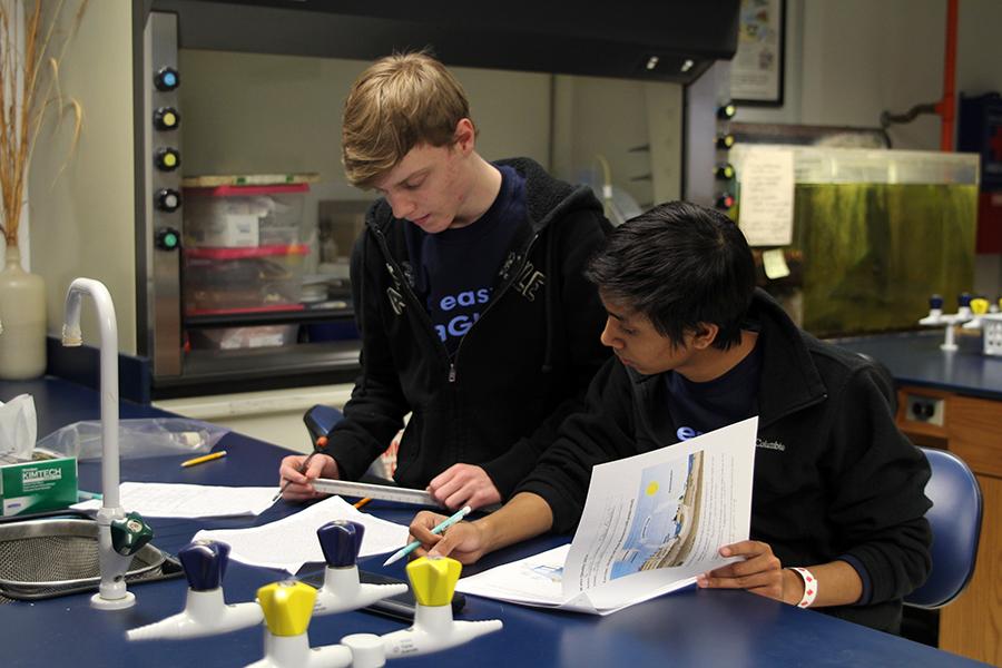 Senior+Chase+Oswald+and+sophomore+Rohit+Biswas+competed+in+their+Science+Olympiad+event%2C+Water+Quality%2C+on+Saturday+Feb.+22.+