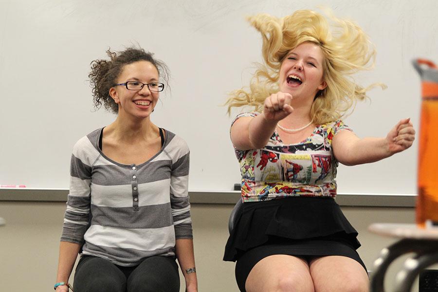 Sophomores Felicia White and Darrien Geyer practice their performance for the forensics meet during class on Friday, March 7.