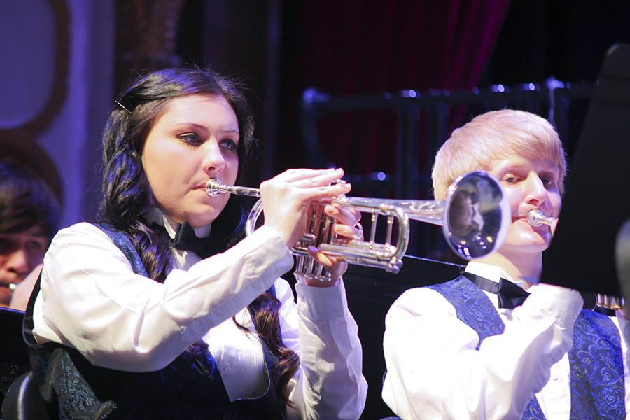 Sophomore Jillian Ottesen plays the trumpet in the ensemble on March 4 in Plumb Hall at Emporia State University. “I enjoyed watching my sister play [in the Emporia band] and the Emporia band was amazing,” said Ottesen. 