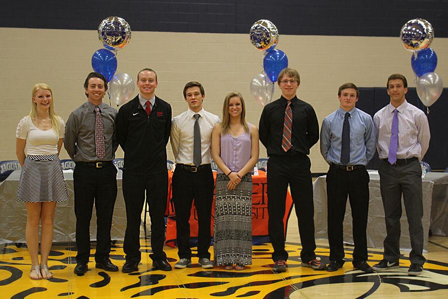 Eight senior athletes signed letters of intent at the sports signing ceremony in front of their friends and family on Wednesday, April 30. The athletes are Shelby Rayburn, Bryce Lievens, Wyatt Voorhes, Tyler Dickman, Brittany Rouse, Ian Calkins, Daniel Gray and Eric Howes.