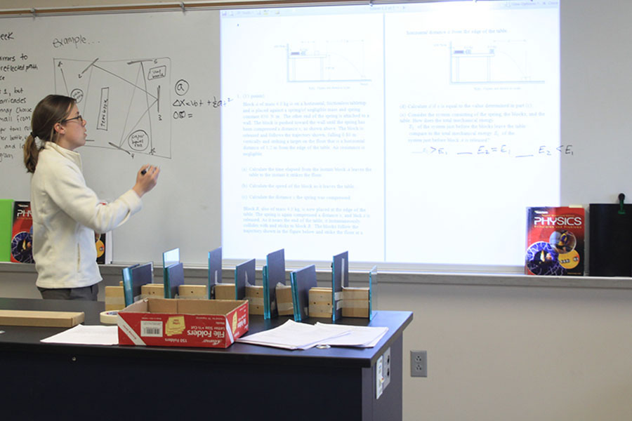 AP physics teacher Alyssa Meyer reviews Newtoniam mechanics with her class on Tuesday, April 8.