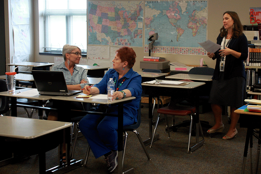 Angie DalBello leads a social studies Professional Learning Community meeting on Wednesday, Sept. 17. 