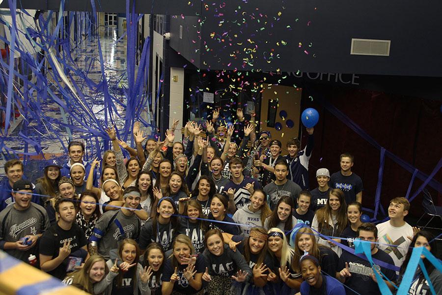 Per tradition, seniors decorate the school, creating the Blue Bomb on the morning of Friday, Oct. 10.