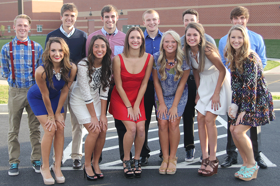 Homecoming+candidates+take+a+photo+before+the+parade+on+Wednesday%2C+Oct.+8.+Front+row+is+seniors+Allison+Eigsti%2C+Lauren+Mansfield%2C+Macie+Rouse%2C+Sydney+Rebeck%2C+Maddie+Little+and+Savannah+Rudicel.+Back+row+is+seniors+Spencer+Adams%2C+Kurt+Loevenstein%2C+Eli+Stewart%2C+Mitch+Perkins%2C+Clayton+Kistner+and+Bailey+Weeks.