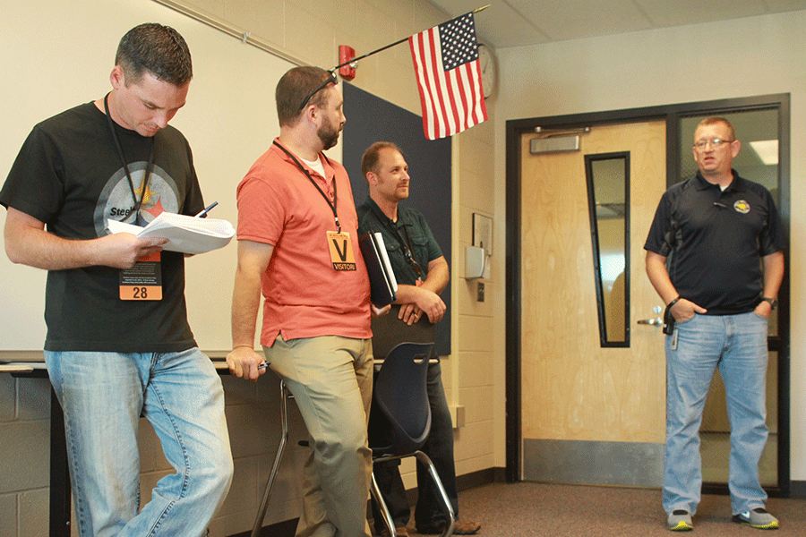 During their tour of the school, participants of CPTED training gather in the ISS room as Resource Officer Maurice Loridon shares information regarding disciplinary procedures. “[CPTED training] has been an eye-opener,” Jeremy Terrell, an associate from the Arkansas Attorney General’s Office, said. “[Mill Valley] is a great school. I kind of wish all schools could be designed this way. There are problems here, but there’s problems everywhere.”