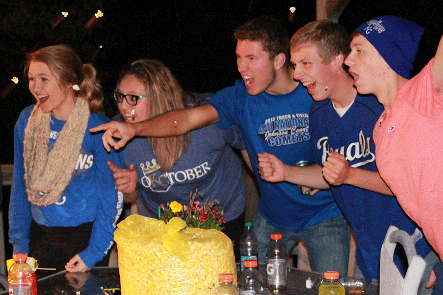 Senior+Tessa+Wahlmeier%2C+2014+graduate+Ali+Sprauge%2C+senior+Cody+Deas+and+Devan+Thomas+and+junior+Hawkeye+Mitchell+celebrate+the+Royals+win+on+Friday%2C+Oct.+24.