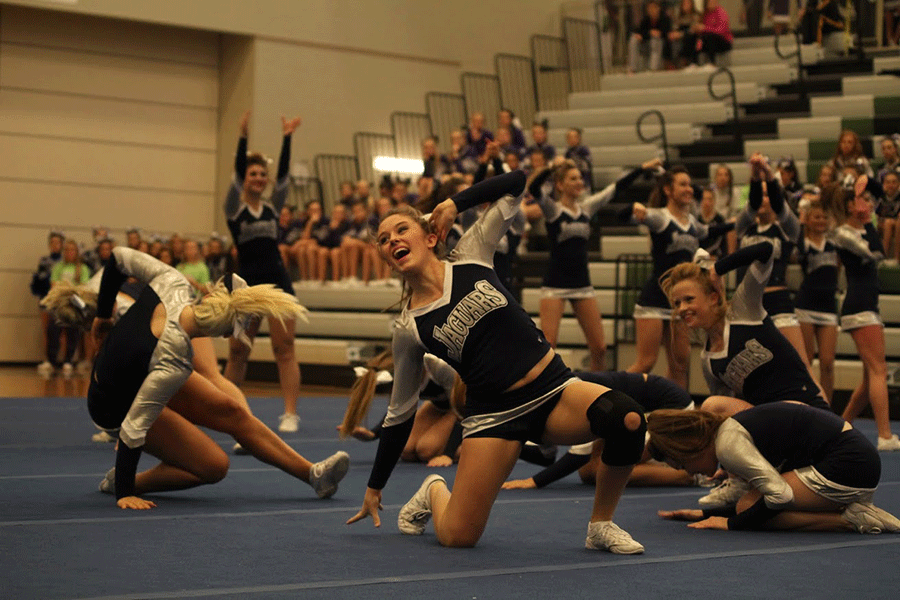 The+cheer+team+competes+at+Blue+Valley+Southwest+on+Saturday%2C+Nov.+15+to+receive+a+rating+of+superior+one.