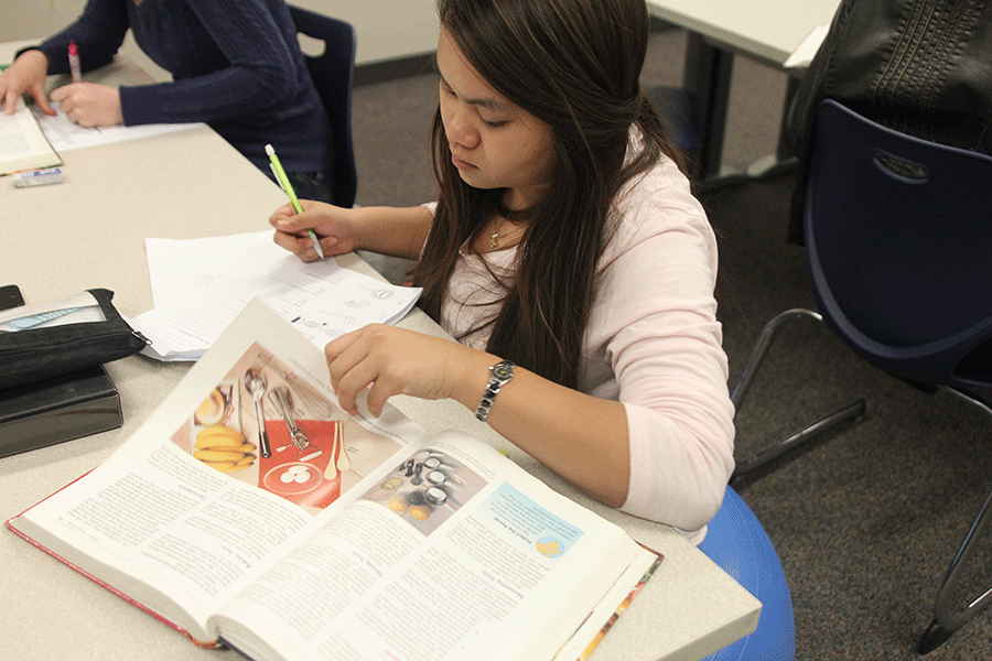 During Nutrition and Wellness on Monday, Jan. 26, sophomore Kathy Nguyen sits on an exercise ball while working on her assignment. 