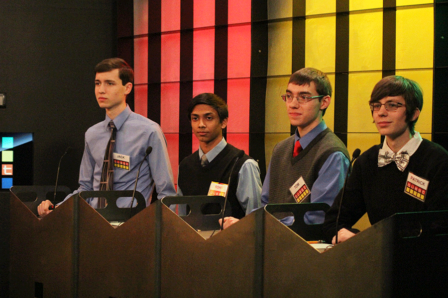 Senior Jack Earlenbaugh, junior Rohit Biswas, sophomore Tom McClain and junior Patrick Gambill compete in Quest at Washburn University on Saturday, Jan. 24. “They have a format that’s more intense and competitive.” McClain said.