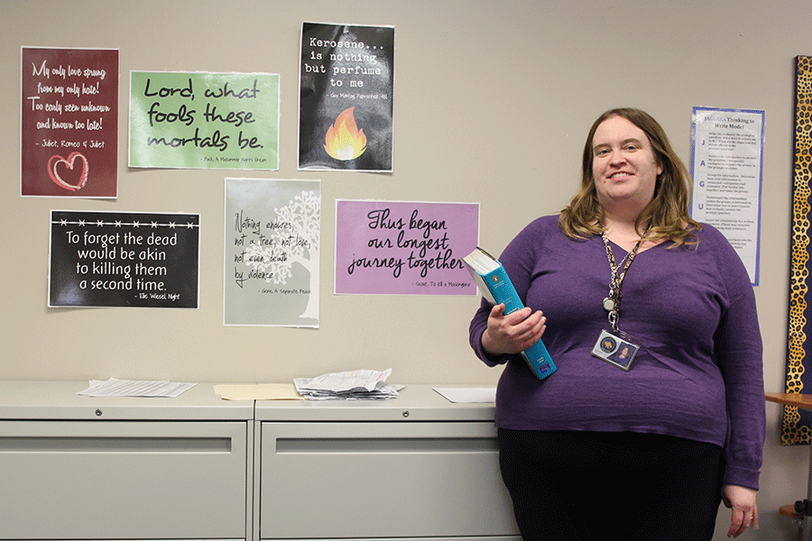 Freshman and sophmore communication arts teacher Sara Sedgwick feels it is important to relate the present to the past literature on Monday, Jan. 9.