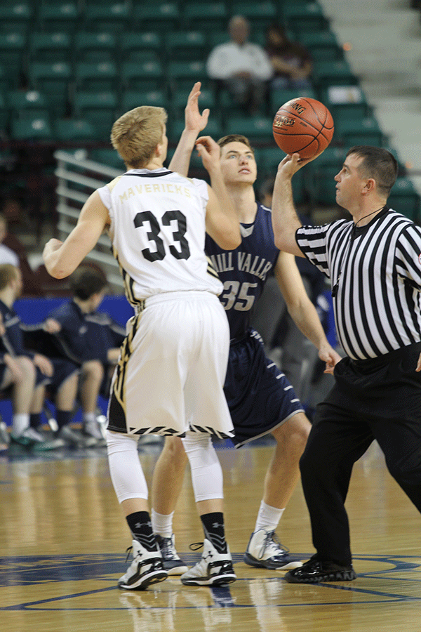 Junior Clayton Holmberg prepares for the tipoff.