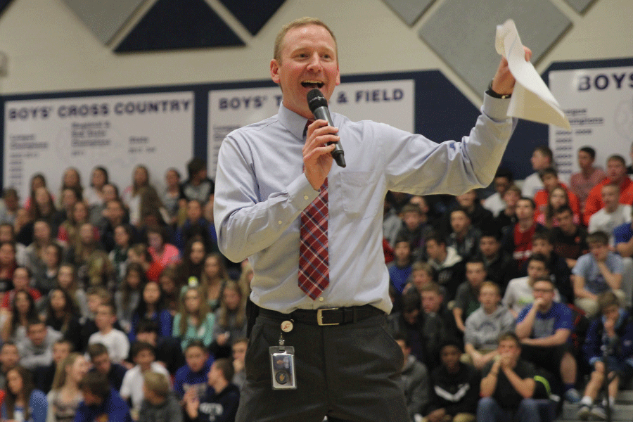 Athletic Director David Ewers announces for the winter sports recognition assembly on Thursday, March 26.