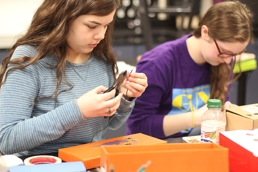 Juniors Madison Remijio and Shelby Badger work on their friendship detector project by stripping christmas lights to connect new circuits on Tuesday, March. 3. 