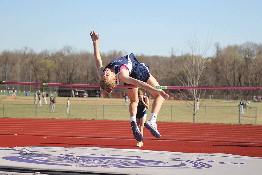 Sophomore Morgan Thomas competes in the high jump at the Leavenworth invite.
