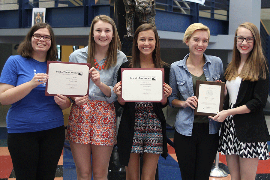 Editors+of+Mill+Valley+News+and+the+JagWire+Newspaper+showcase+their+national+awards.+Pictured+left+to+right%2C++senior+Kat+White%2C+junior+Tori+Aerni%2C+junior+Jena+Smith%2C+junior+Shelby+Hudson%2C+sophomore+Raya+Lehan.+