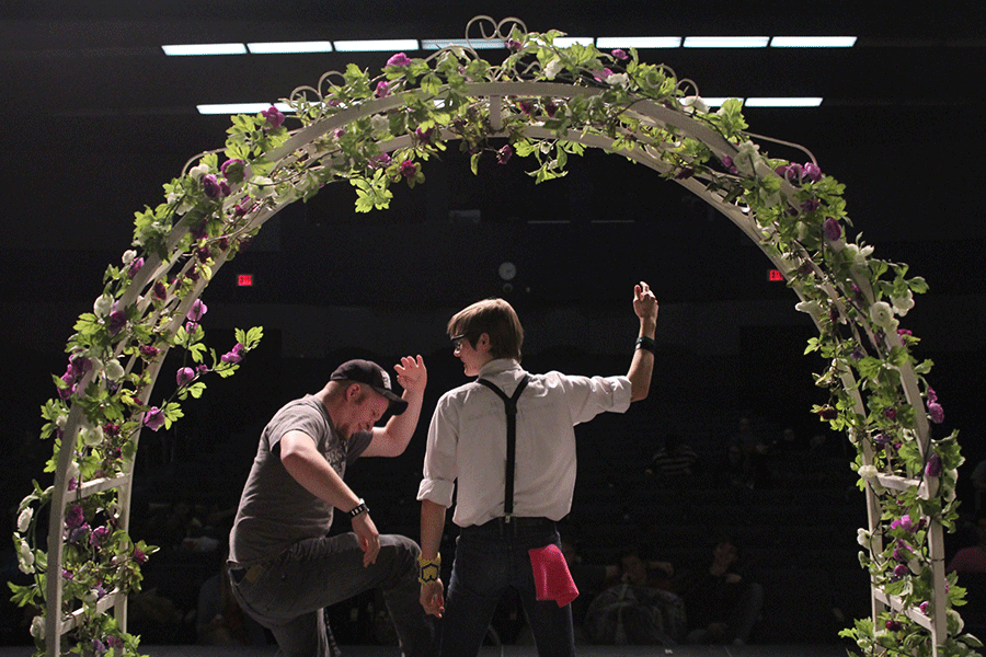 During a rehearsal for The Importance of Being Earnest, junior Aidan Quinn and senior Steven Blaine practice a scene in which their characters, Algernon and Jack, fight. 