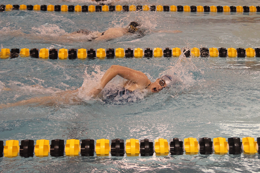 Sophomore Alexis Medina leads her heat at Blue Valley High School.