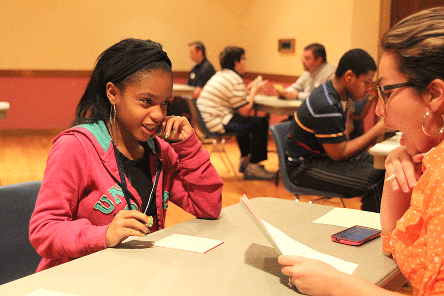 At the Job Olympics, sophomore Charity Calhoun competes in the role-playing event.