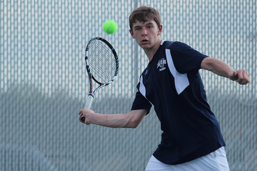 FILE PHOTO: Staring down the ball, sophomore Alec Bergeron waits to make contact at a meet on April 16, 2015.