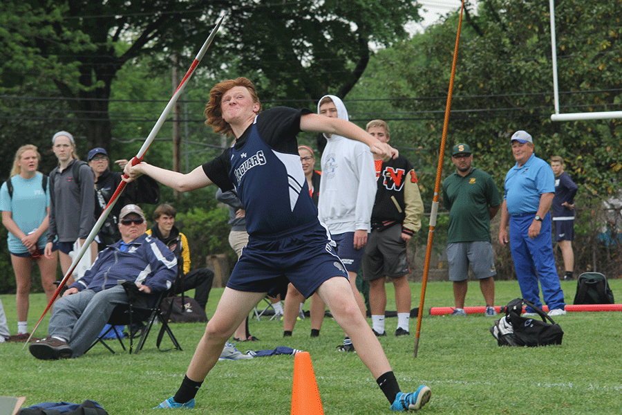 Junior Greyson McDonald prepares to throw the javelin. 