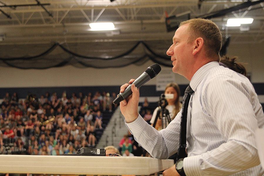 Activities director David Ewers speaks while judging the lip sync battle at his last Mill Valley pep assembly on Friday, May 1.