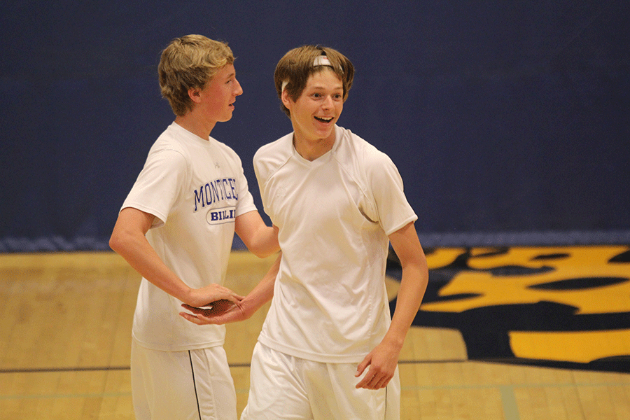 Sophomores Noah Veal and Jansen McCabe celebrate after winning the dodgeball tournament.