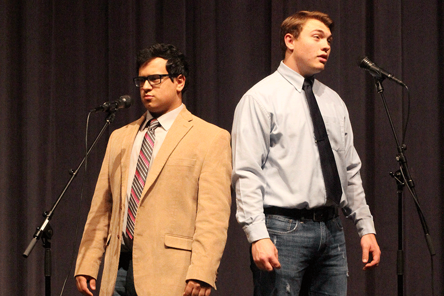 Seniors Adam Segura and Brady Franklin rehearse their song for the senior showcase.