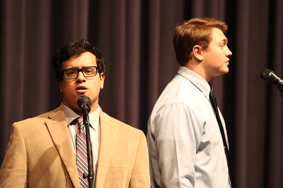 Back to back, seniors Adam Segura and Brady Franklin sings a duet before the senior showcase on Friday, March 8.