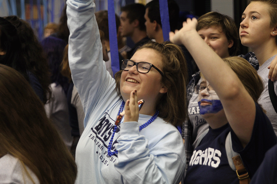 Senior Rachel Morgan dances with the rest of the senior class during the blue bomb event.