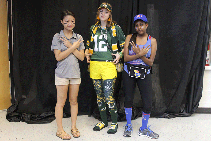 Senior Hannah Schrepfer (middle) was one of two winners of todays costume competition, Hall of Fame. She won two tickets to the Homecoming dance.