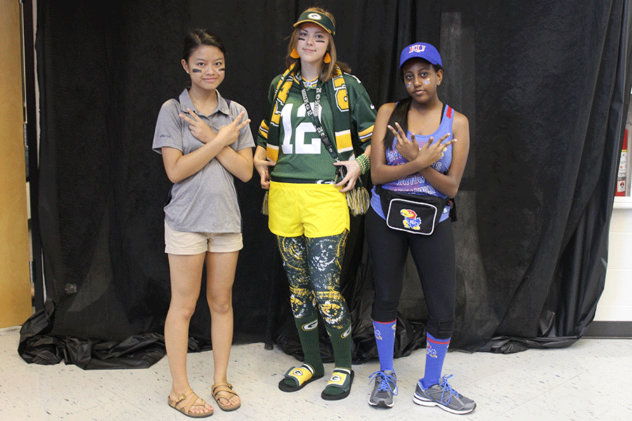 Senior Hannah Schrepfer (middle) was one of two winners of today's costume competition, Hall of Fame. She won two tickets to the Homecoming dance.