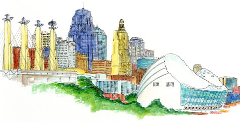 Kansas City skyline done with pen, ink and watercolor.