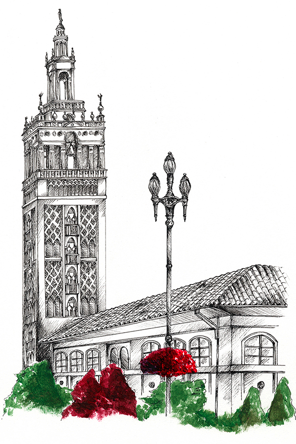 The Giralda Tower of the Country Club Plaza, located in Kansas City, Missouri, captured through pen and acrylic paint.