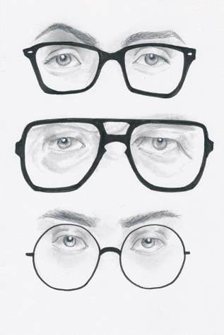 A figure study of eyes and glasses done in pencil and pen. 