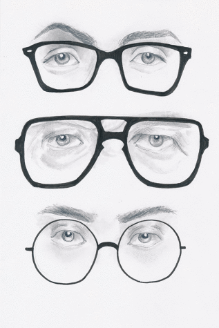 A figure study of eyes and glasses done in pencil and pen.