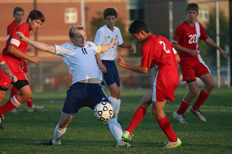 Senior Dalton Sieperda contends for the ball. The Jaguars beat the Lansing Lions 5-1 on Thursday, Oct. 1. 