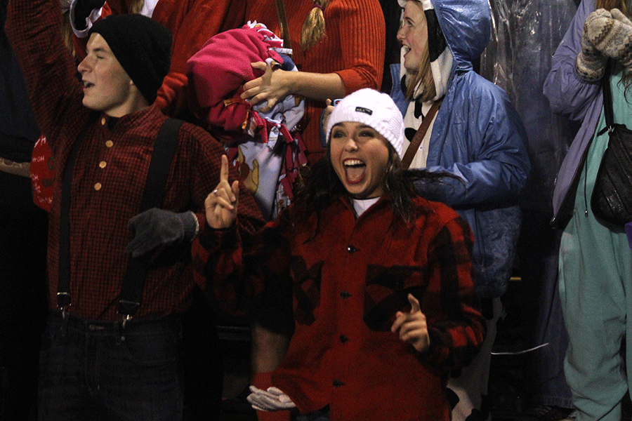 Senior Katie Burke cheers after a touchdown.