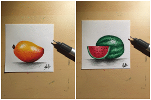 Pen and colored pencil drawing of a mango and a watermelon by sophomore Tyler Orbin.