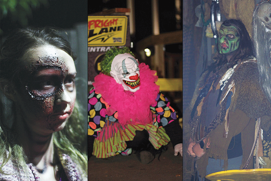 Left: Senior Hannah Ceule has a co-worker fix her makeup on Saturday, Oct. 8. Middle: Crawling towards people unknowing of her presence, senior Savannah Praiswater prepares to scare them on Saturday, Oct. 8. Right: While standing in The Boneyard at Worlds of Fun on Saturday, Oct. 10, senior Jordan Wootton waits, hiding in the midst of the fog to scare bypassers. 