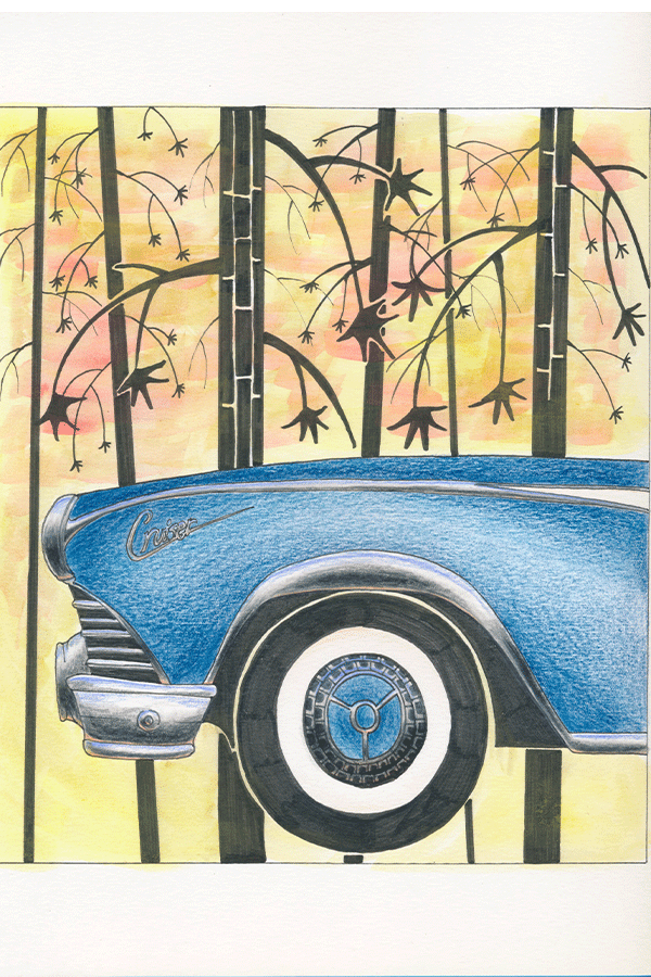 Mid-century Living Part 1 was created using pen, color pencil, and watercolor. 