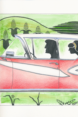 The Mid-Century Living Part Two car, drawn in color pencil, travels through a watercolor field.