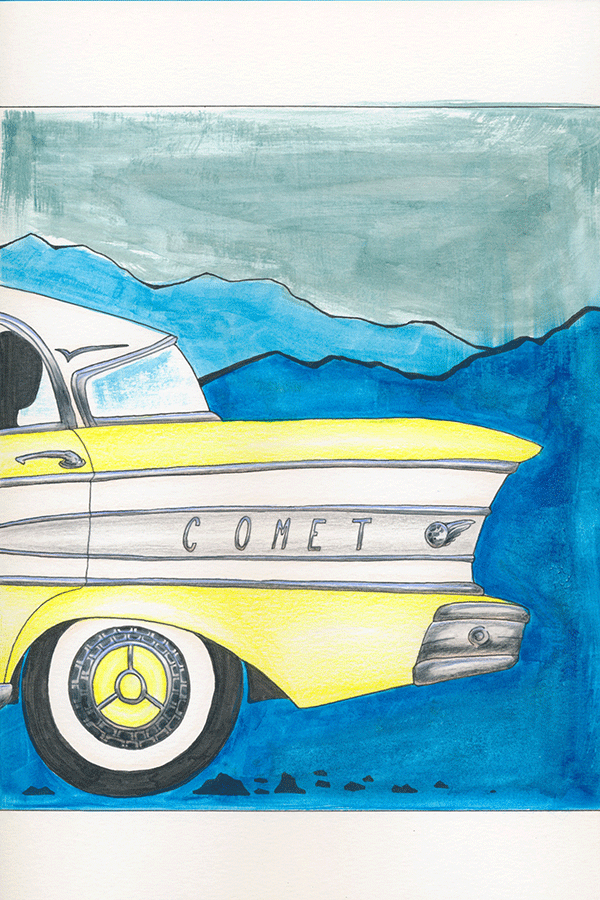 The retro car ends its journey through the hazy blue mountains.