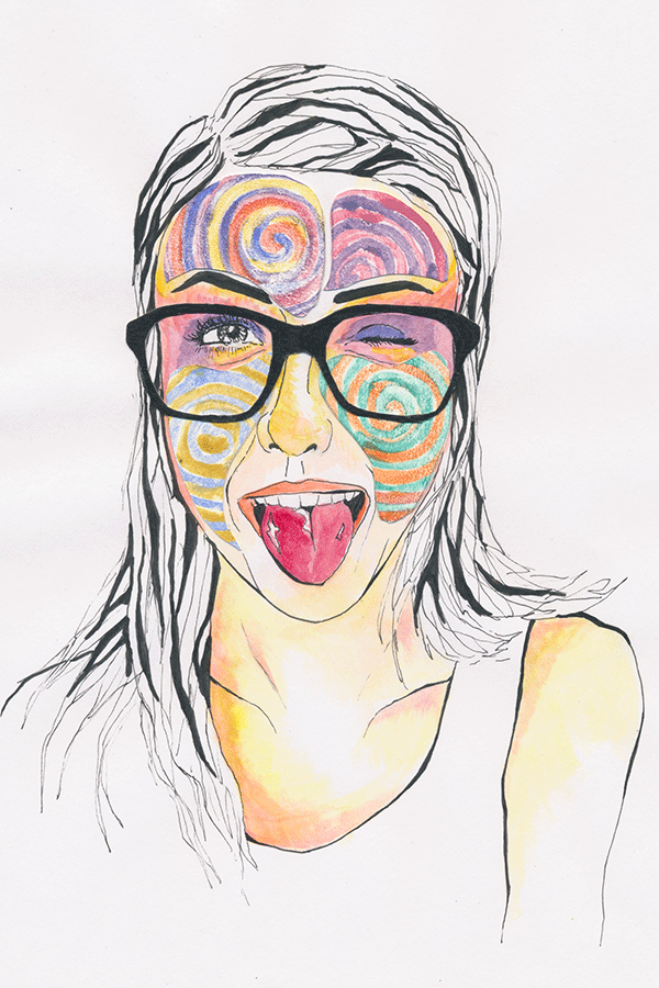 Portrait of senior Ellie Wilson using pen, watercolor, and collaged mono-print pieces.