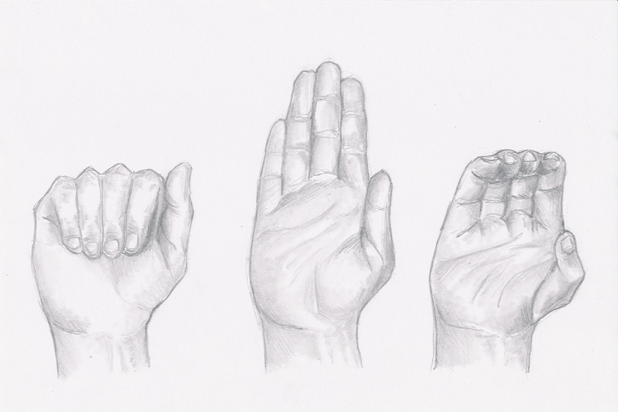 A sketch of hands signing the first three letters in the alphabet.