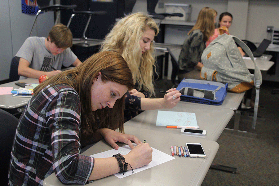 To encourage students to submit pieces to the literary magazine, juniors Ally Saab and Emma Wilhoit create posters on Tuesday, Nov. 10.